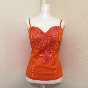Dots Orange Embroidered Ribbon Camisole Top XL Sweetheart Neck Y2K Boho Fairy